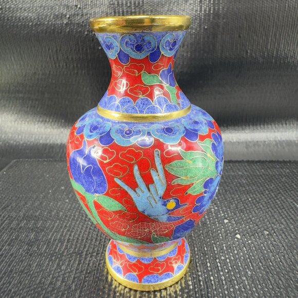 Vintage Chinese Cloisonne Vase Vessel Bud Vase Blue Red Bird Flowers Metal VTG - Picture 11 of 12